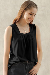 SQUARE NECK WRINKLED CHEST SLEEVELESS TOP - Doublju