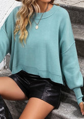 WOMEN RIBBED HEM FITTED SLEEVE KNIT JUMPER TOP