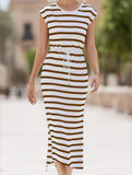 Casual Striped Short Sleeve Midi Dress ??Everyday Comfort Fit Dress