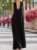 Seaside Vacation Sleeveless U-Neck Maxi Dress ??Flowy Resort Style