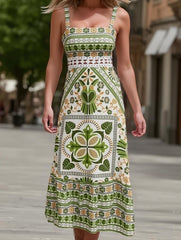 Cercal Bohemian Tropical Print Strappy Sundress ??Summer Vacation Maxi Dress