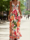 Verona Macaw & Peony Floral Print Resort Strappy Sundress – Tropical Summer Flowy Dress