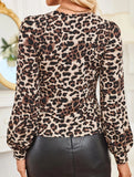 Leopard Print V-Neck Lace-Trimmed Long-Sleeved Top