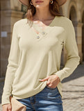 Casual Solid Color V-Neck Button Long-Sleeve T-Shirt