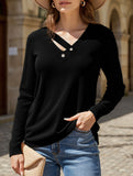 Casual Solid Color V-Neck Button Long-Sleeve T-Shirt