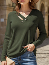 Casual Solid Color V-Neck Button Long-Sleeve T-Shirt