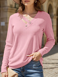 Casual Solid Color V-Neck Button Long-Sleeve T-Shirt
