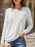 Casual Solid Color V-Neck Button Long-Sleeve T-Shirt
