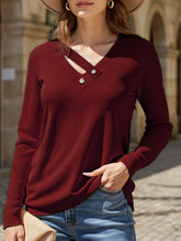 Casual Solid Color V-Neck Button Long-Sleeve T-Shirt