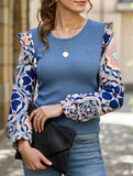 Bohemian Ruffled Floral Sleeves Panelled Knit Pullover Top