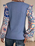 Bohemian Ruffled Floral Sleeves Panelled Knit Pullover Top