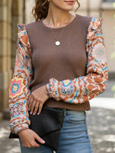 Bohemian Ruffled Floral Sleeves Panelled Knit Pullover Top