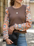Bohemian Ruffled Floral Sleeves Panelled Knit Pullover Top