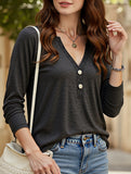 Solid Color Button Three-Quarter Sleeve V-Neck T-Shirt