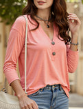 Solid Color Button Three-Quarter Sleeve V-Neck T-Shirt