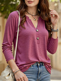 Solid Color Button Three-Quarter Sleeve V-Neck T-Shirt