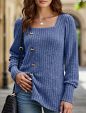Ribbed Square Neck Long Sleeve Slit Sweater T-Shirt