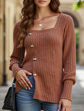 Ribbed Square Neck Long Sleeve Slit Sweater T-Shirt