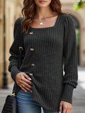 Ribbed Square Neck Long Sleeve Slit Sweater T-Shirt