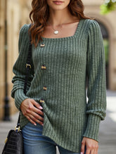 Ribbed Square Neck Long Sleeve Slit Sweater T-Shirt