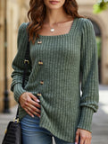 Ribbed Square Neck Long Sleeve Slit Sweater T-Shirt