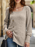 Ribbed Square Neck Long Sleeve Slit Sweater T-Shirt
