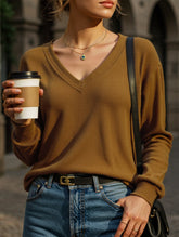 Casual Waffle V-Neck Solid Color Long-Sleeve T-Shirt