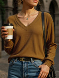 Casual Waffle V-Neck Solid Color Long-Sleeve T-Shirt