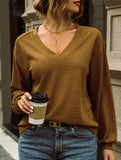 Casual Waffle V-Neck Solid Color Long-Sleeve T-Shirt