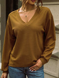 Casual Waffle V-Neck Solid Color Long-Sleeve T-Shirt