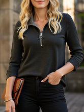 Solid Color Front Zipper Three-Quarter Sleeve T-Shirt