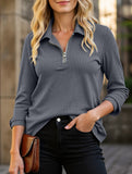 Solid Color Front Zipper Three-Quarter Sleeve T-Shirt