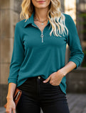 Solid Color Front Zipper Three-Quarter Sleeve T-Shirt