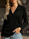 Fashion Lapel Solid Color Wave Texture Long-Sleeve T-Shirt