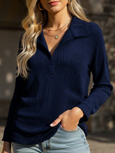 Fashion Lapel Solid Color Wave Texture Long-Sleeve T-Shirt