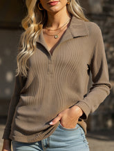 Fashion Lapel Solid Color Wave Texture Long-Sleeve T-Shirt