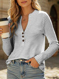 V-Neck Buttoned Striped Long-Sleeved Casual Top