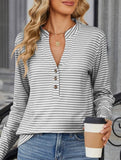 V-Neck Buttoned Striped Long-Sleeved Casual Top