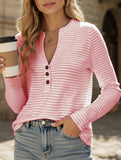 V-Neck Buttoned Striped Long-Sleeved Casual Top