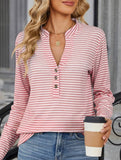 V-Neck Buttoned Striped Long-Sleeved Casual Top