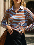 Preppy vintage contrast striped long sleeve T-shirt