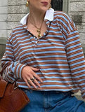 Preppy vintage contrast striped long sleeve T-shirt