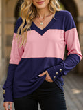 V-neck casual colorblock long-sleeved T-shirt