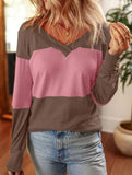 V-neck casual colorblock long-sleeved T-shirt