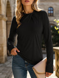 Solid base layer brushed twisted-neck long-sleeved T-shirt