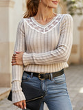 Casual Lace Panelled V-Neck Long-Sleeved Top