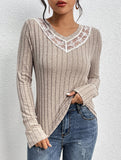 Casual Lace Panelled V-Neck Long-Sleeved Top