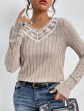 Casual Lace Panelled V-Neck Long-Sleeved Top