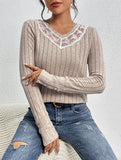 Casual Lace Panelled V-Neck Long-Sleeved Top