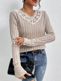 Casual Lace Panelled V-Neck Long-Sleeved Top